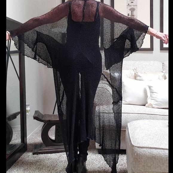 Long Black Punk Goth Bohemian See Through 2 Way Bell Sleeve Cardigan Sweater - Picture 3 of 5